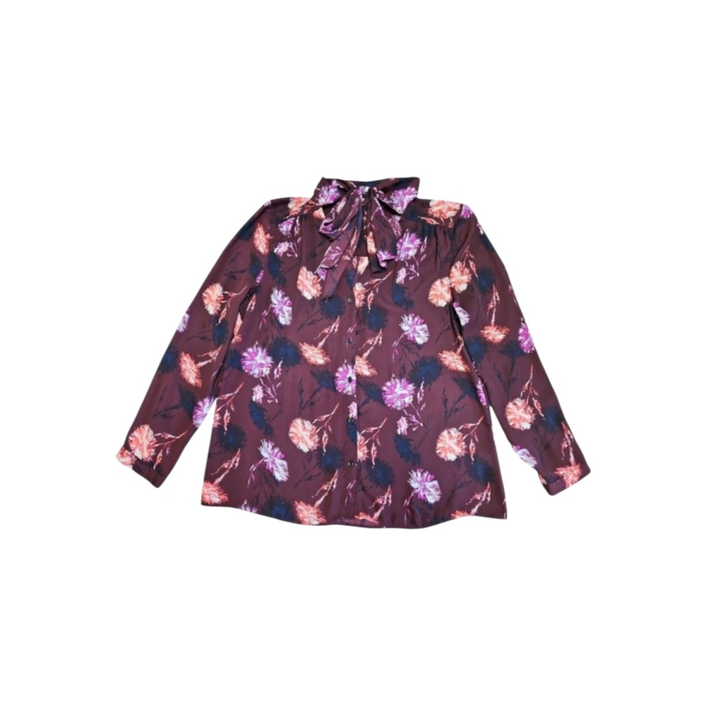 Halogen Women's Burgundy &‎ Pink Floral Button Down Blouse Size LP